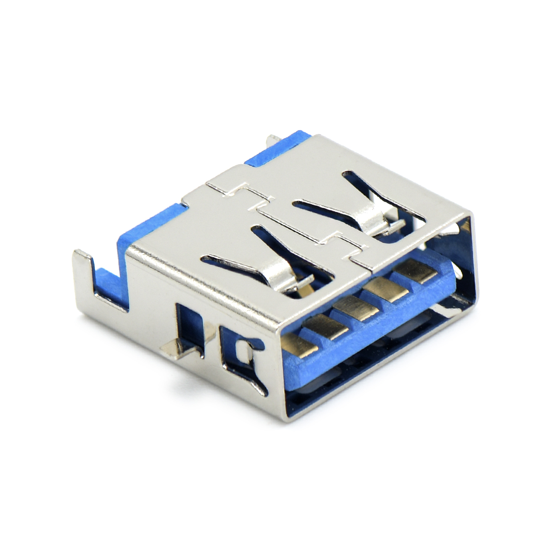 USB3.0 AF 单层 SMT沉板式2.0mm 外壳脚前贴后插 中心距7.40mm 无边 不锈钢镀镍 G/F LCP蓝色 电流1.5A