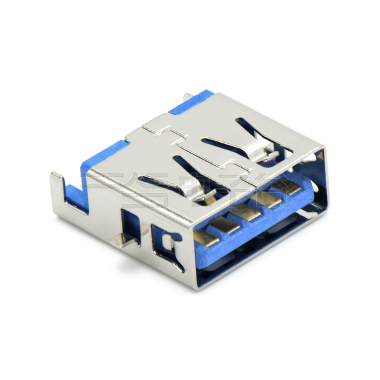 USB3.0 AF 单层 SMT沉板式2.45mm 外壳脚前贴后插 中心距7.40mm 无边 不锈钢镀镍 G/F LCP蓝色 电流1.5A