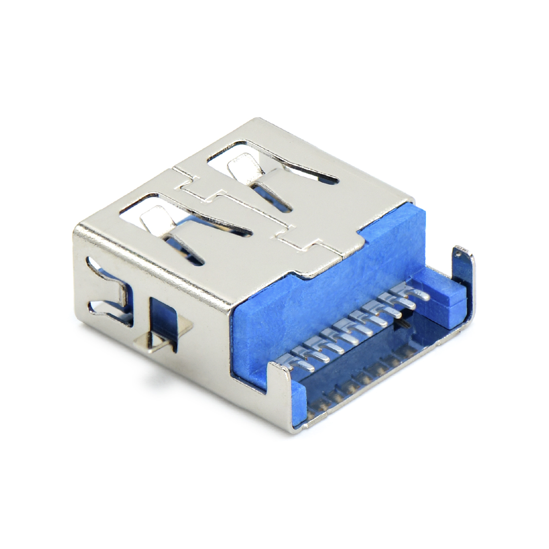USB3.0 AF 单层 SMT沉板式2.45mm 外壳脚前贴后插 中心距7.40mm 无边 不锈钢镀镍 G/F LCP蓝色 电流1.5A