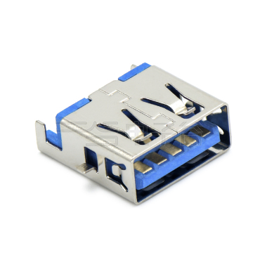 USB3.0 AF 单层 SMT沉板式2.96mm 外壳脚前贴后插 中心距7.40mm 无边 不锈钢镀镍 G/F LCP蓝色 电流1.5A