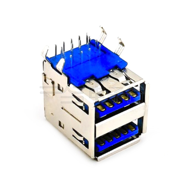 USB3.0 AF双层 DIP 弯脚插板 有边 铁壳镀镍 G/F PBT蓝色 电流1.5A