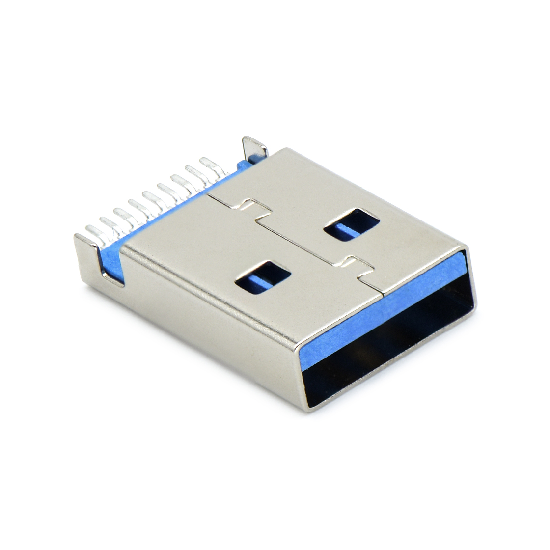 USB3.0 AM SMT沉板式1.9mm L=18.75mm 无柱 铁壳镀镍 G/F LCP蓝色 电流1.5A