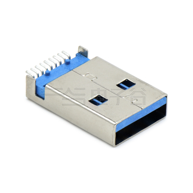 USB3.0 AM SMT沉板式3.2mm L=18.75mm 带定位柱0.8mm 铁壳镀镍 G/F LCP蓝色 电流1.5A