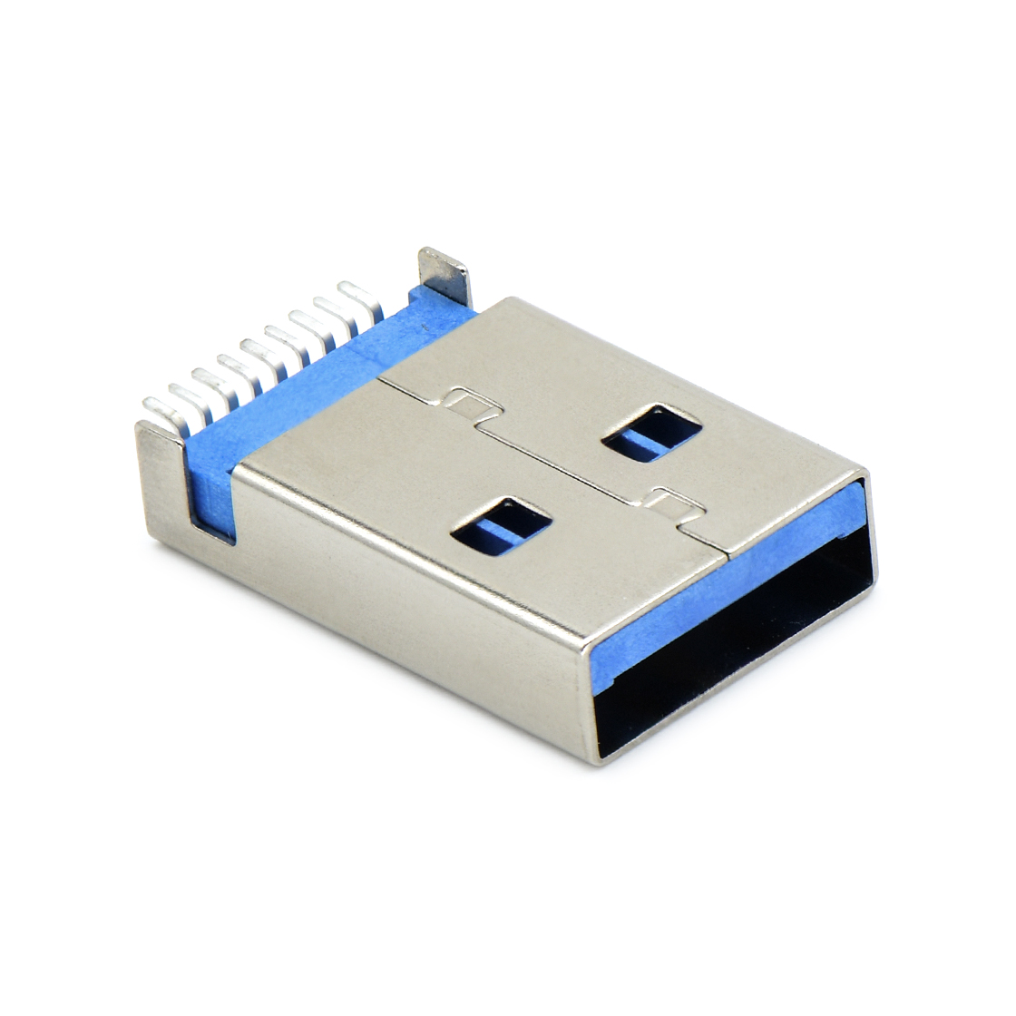 USB3.0 AM SMT沉板式3.2mm L=18.75mm 无柱 铁壳镀镍 G/F LCP蓝色 电流1.5A
