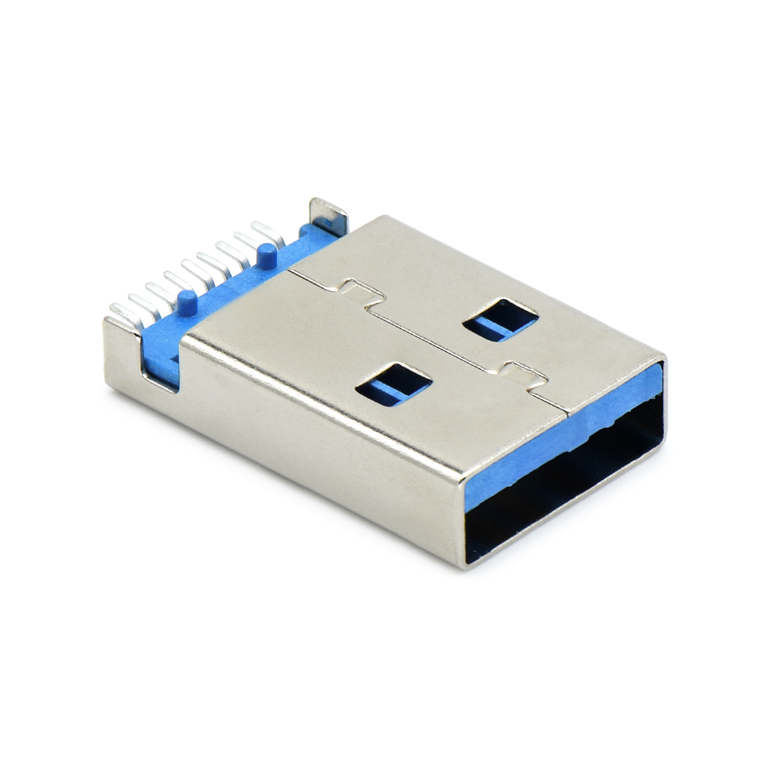 USB3.0 AM SMT沉板式2.2mm L=18.75mm 带定位柱0.8mm 铁壳镀镍 G/F LCP蓝色 电流1.5A
