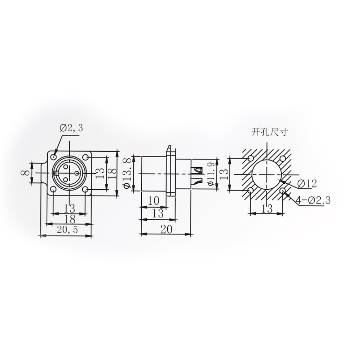 DF12系列 航空插头 5芯方形法兰插座 公头面板安装用