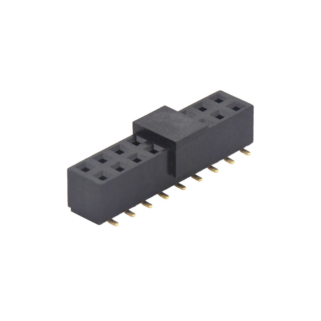 Pitch 2.54mm 180° 双排 SMT+CAP U型排母 塑高5.0 PC 6.5 
 2X09Pin 黑色 PA9T,94V-0 镀全金G/F
