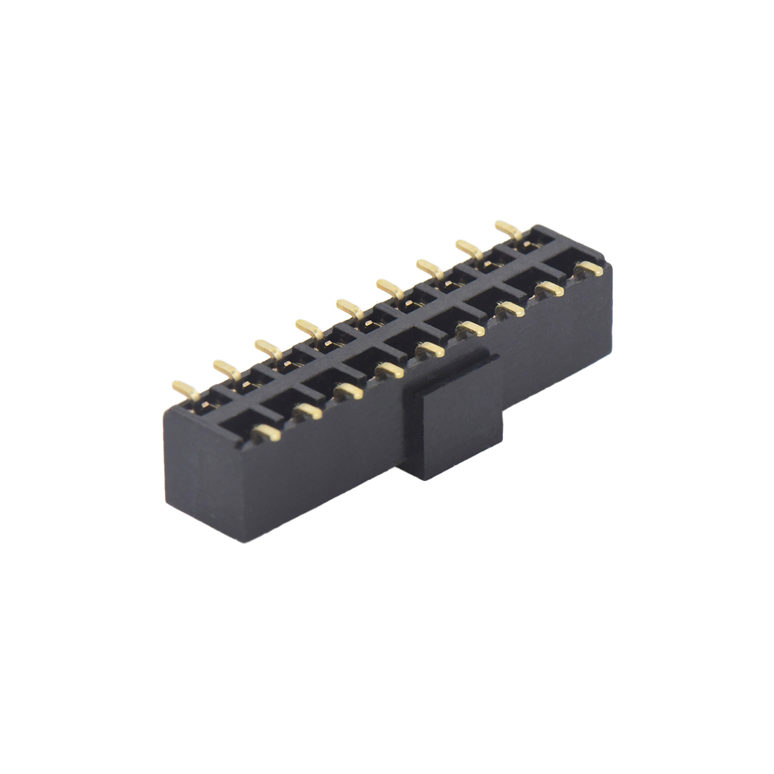 Pitch 2.54mm 180° 双排 SMT+CAP U型排母 塑高5.0 PC 6.5 
 2X09Pin 黑色 PA9T,94V-0 镀全金G/F