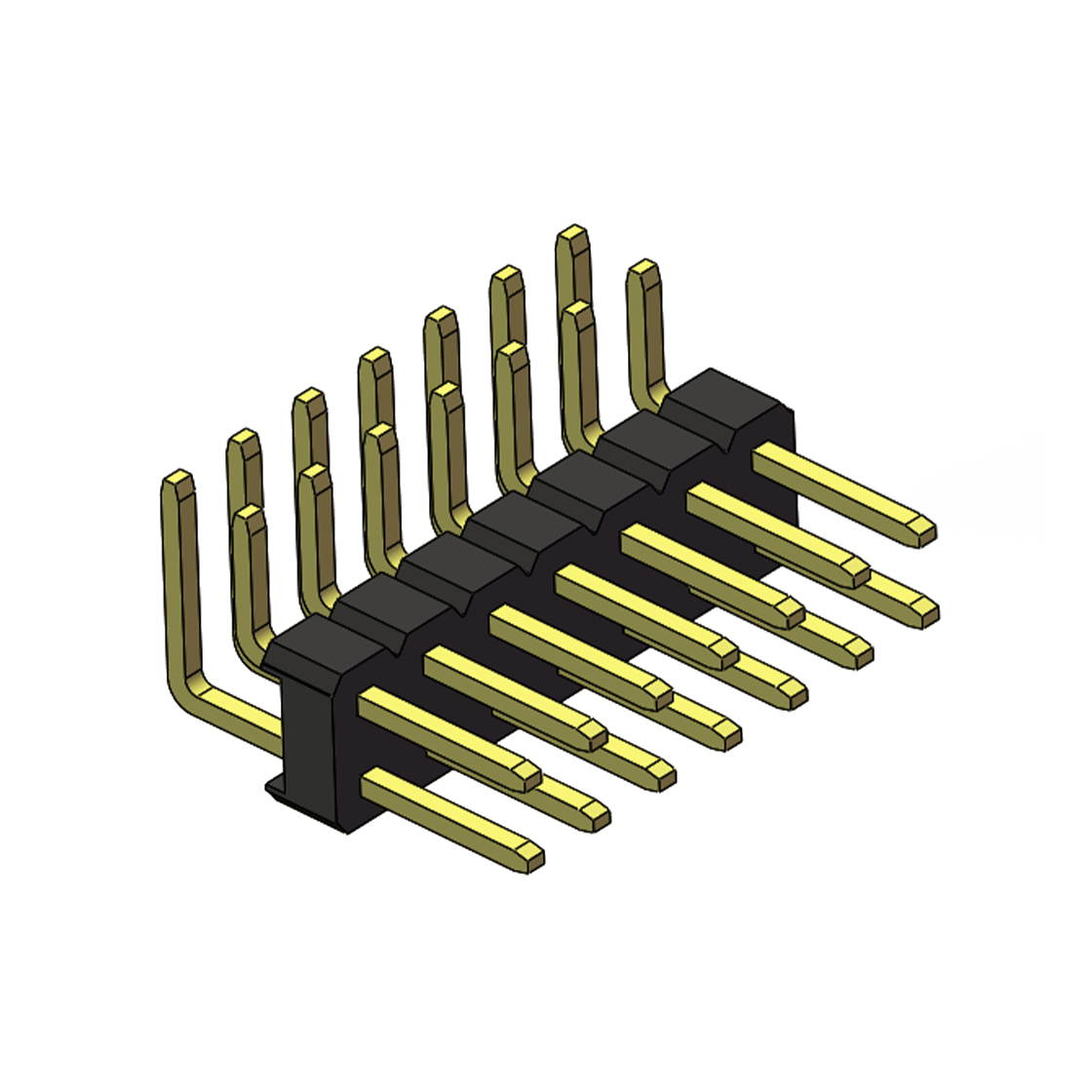 Pitch 2.54mm 90° 双排 DIP 单塑排针 PA:3.6 PC:3.0 2X07Pin 黑色 PA6T，94V-0 镀全金G/F