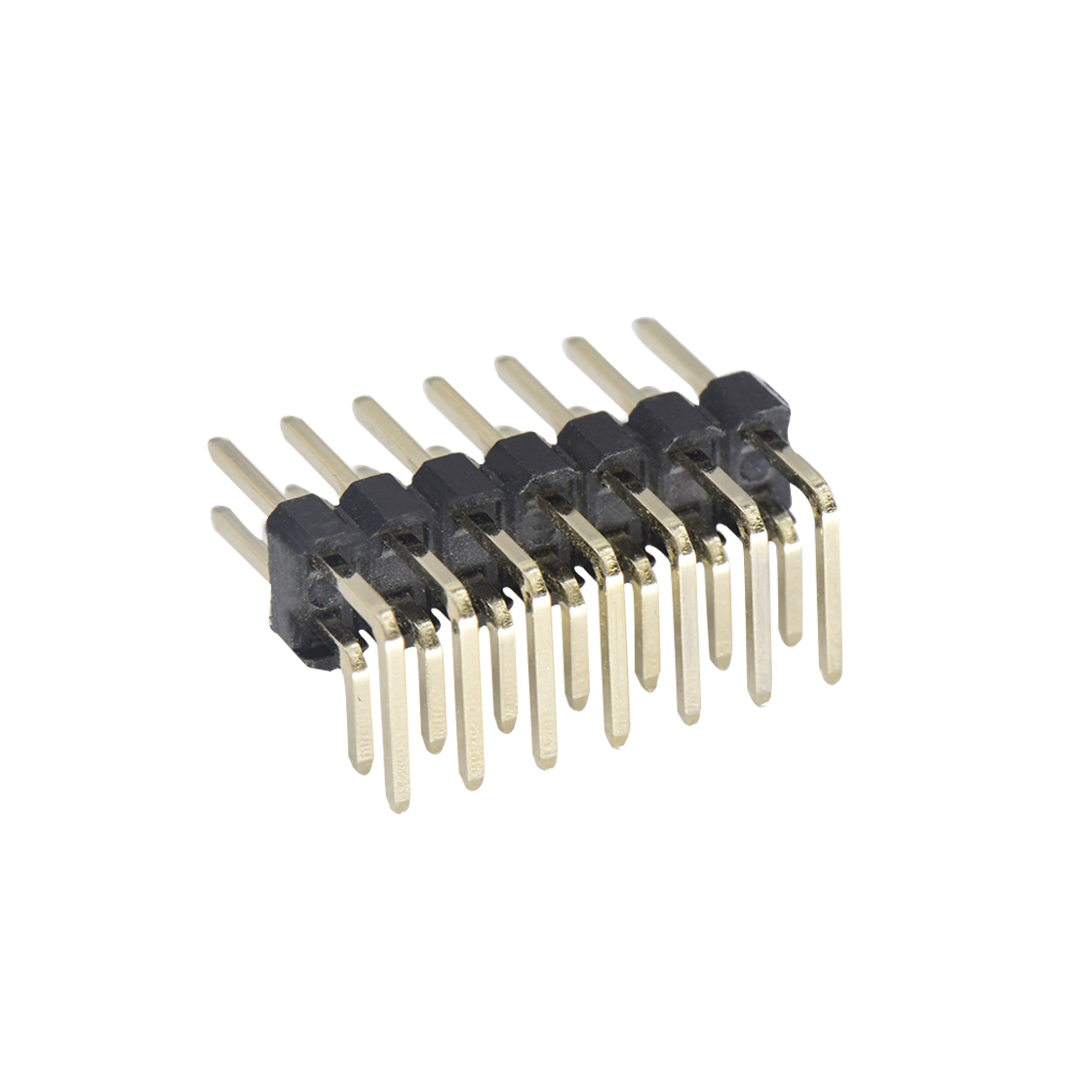 Pitch 2.54mm 90°双排 DIP 单塑排针 2X07Pin 黑色 PA6T,94V-0 镀全金G/F 无卤