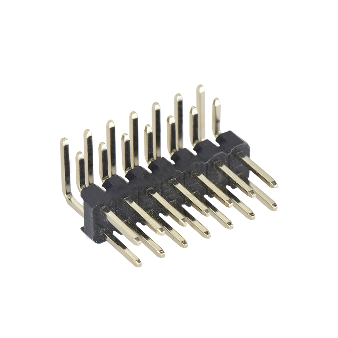 Pitch 2.54mm 90°双排 DIP 单塑排针 2X07Pin 黑色 PA6T,94V-0 镀全金G/F 无卤