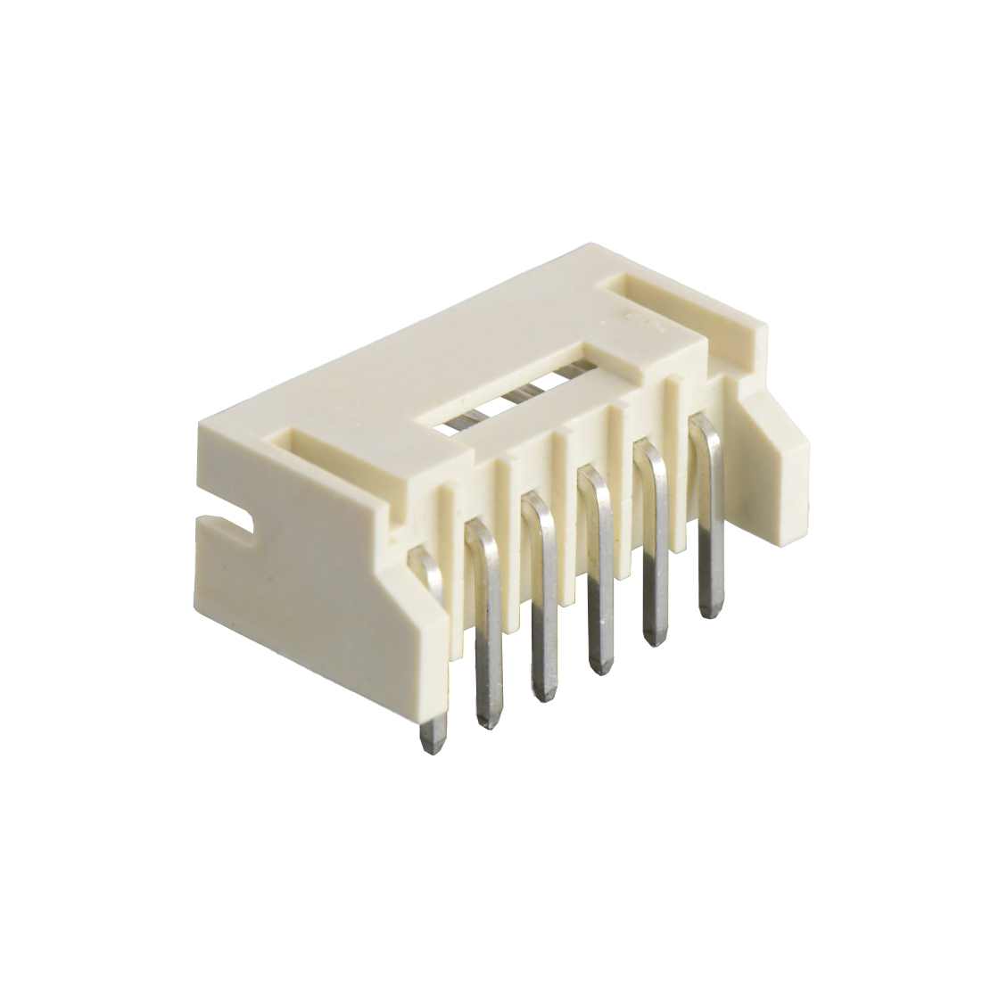 Pitch 2.0mm 90°单排卧插带定位墙 Wafer 过通孔回流焊 6pin 本色 镀亮锡