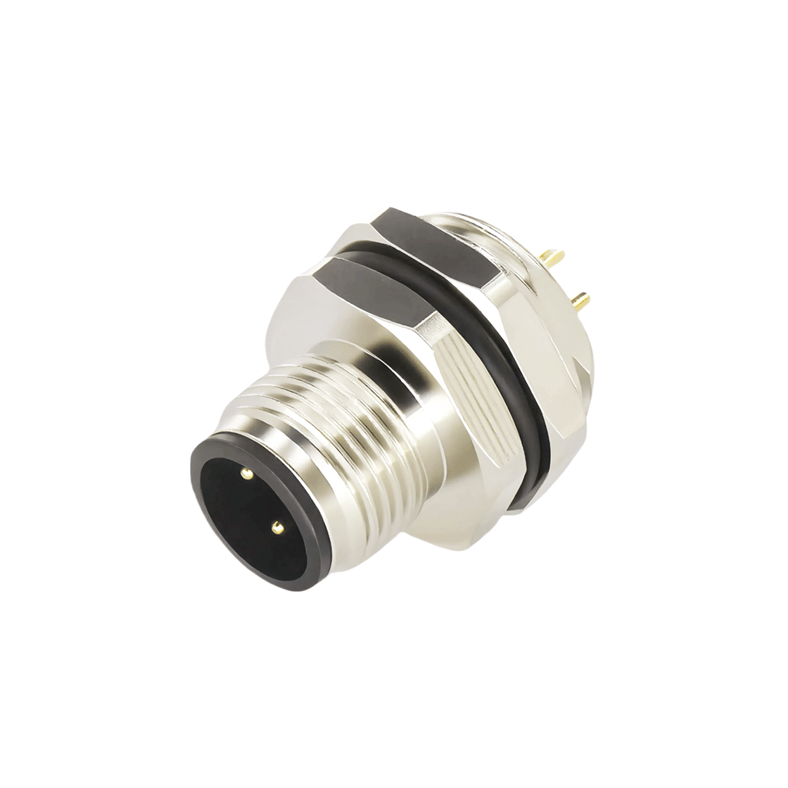 M12 Rear Locking Panel Male Straight, Solder Wire Style, Open Hole M16