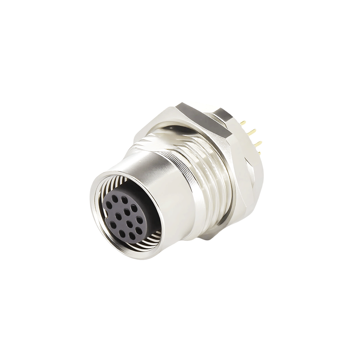 M12 Front Locking Panel Female Straight, PCB Style, Open Hole M16